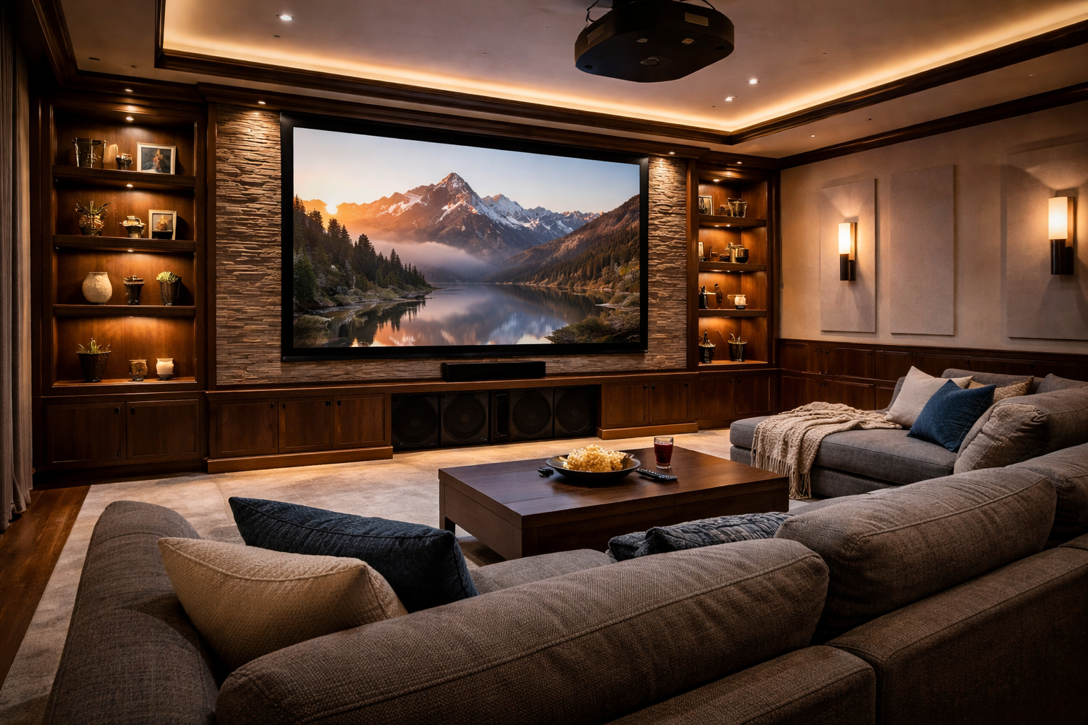 Custom home theater installation with projector screen and surround sound system in modern living room.