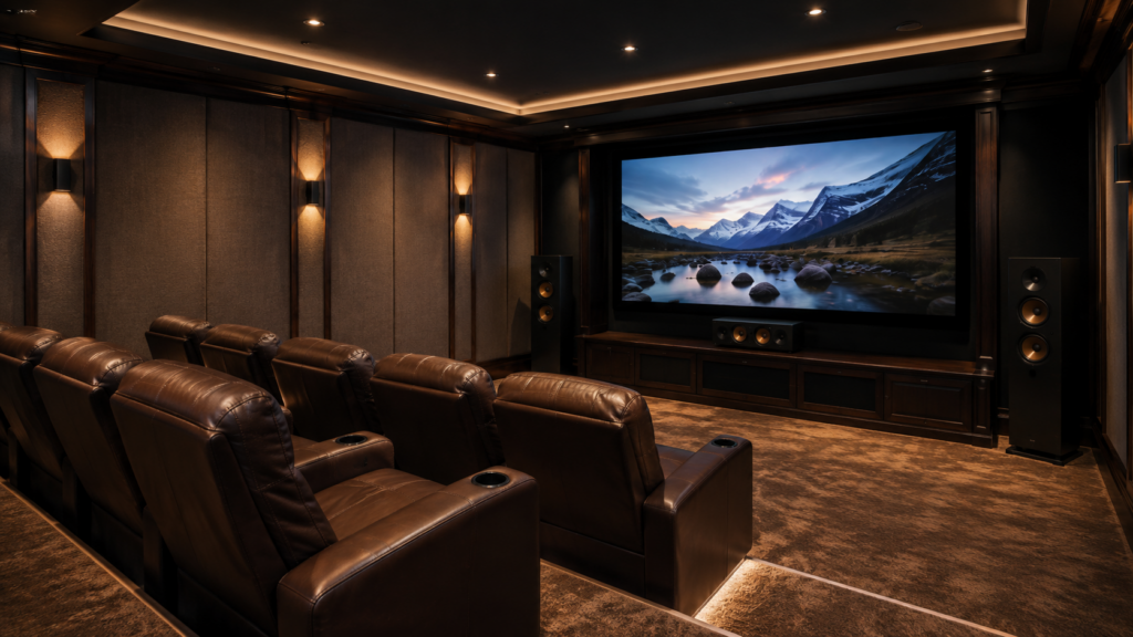 Traditional home theater room with leather recliner seating, large projection screen, surround sound speakers, acoustic wall panels, and warm lighting
